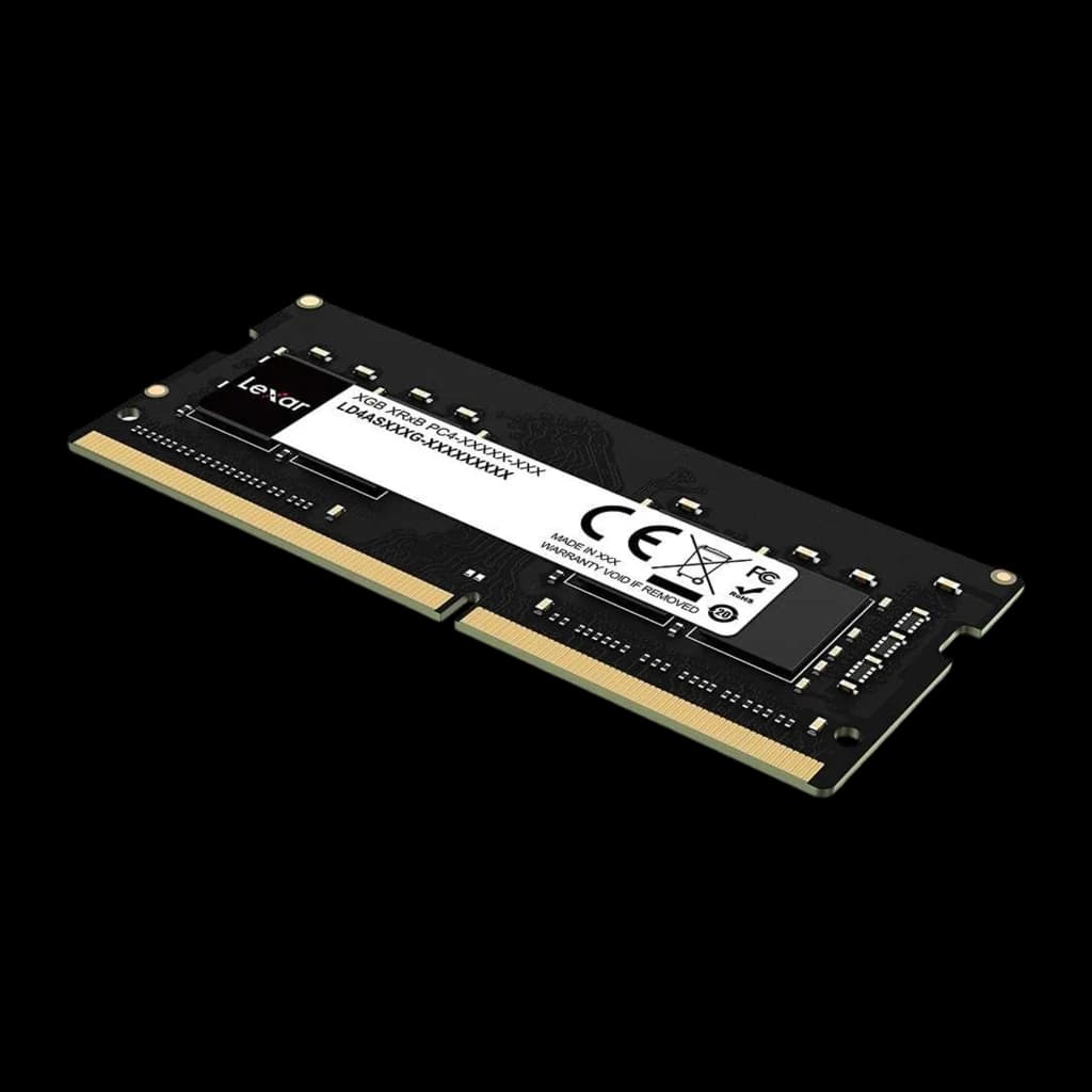 Lexar LD4AS008G DDR4 SO-DIMM 8GB negro, vista en ángulo: etiqueta con referencia LD4AS y certificaciones CE visibles