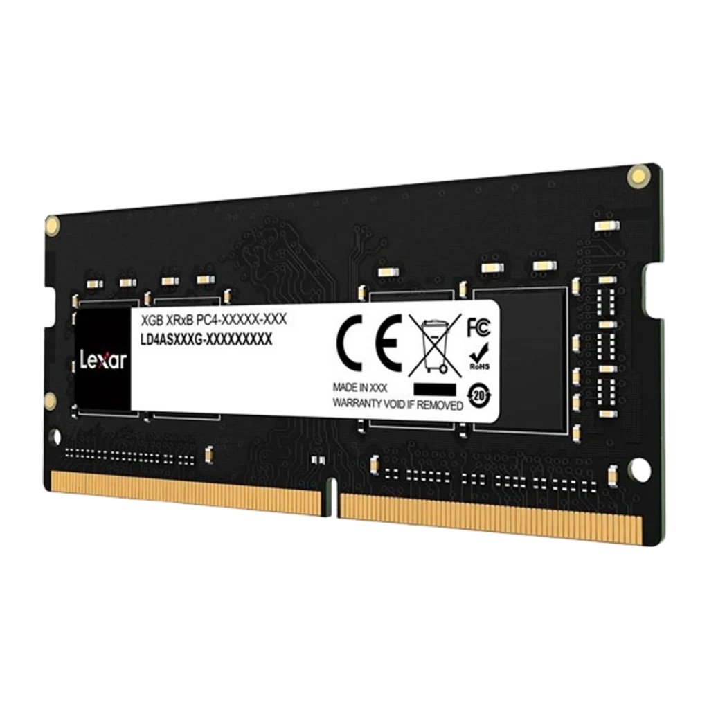 Lexar LD4AS016G DDR4 SO-DIMM 16GB noir, vue de face: étiquette CE et logo Lexar, connecteurs dorés - Ítem1