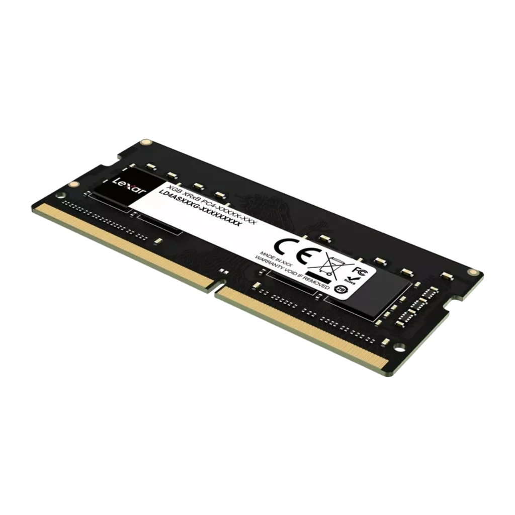 Lexar LD4AS016G DDR4 SO-DIMM 16GB noir, vue de face: étiquette CE et logo Lexar, connecteurs dorés - Ítem3