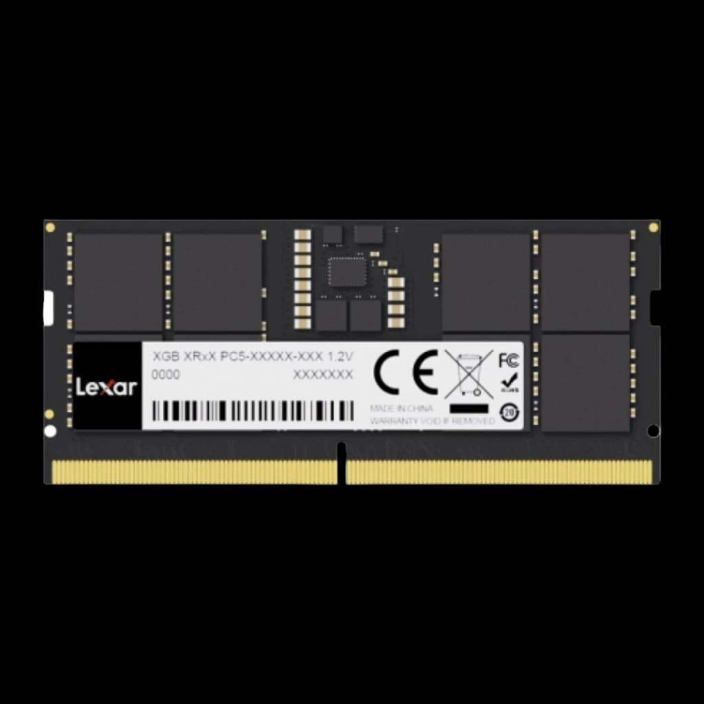 Lexar DDR5 SO-DIMM 16GB preto, vista frontal: etiqueta Lexar, chips de memória e contactos dourados 262 pinos