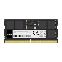 Lexar DDR5 SO-DIMM 16GB preto, vista frontal: etiqueta Lexar, chips de memória e contactos dourados 262 pinos
