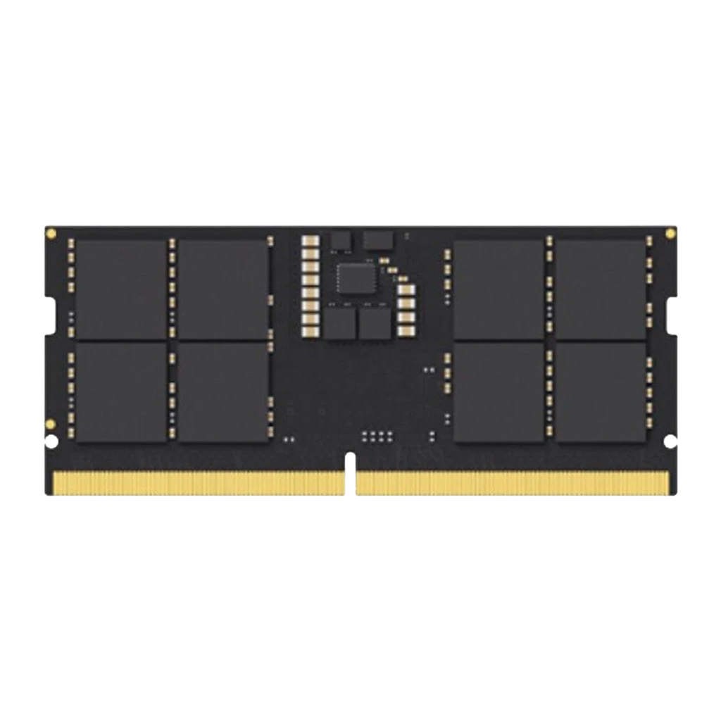 Lexar DDR5 SO-DIMM 16GB preto, vista frontal: etiqueta Lexar, chips de memória e contactos dourados 262 pinos - Item1