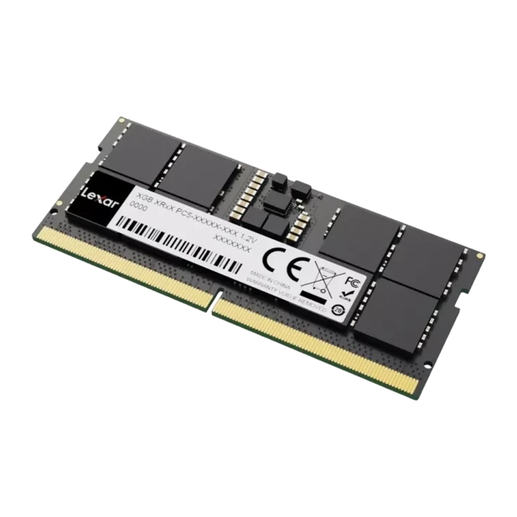 Lexar DDR5 SO-DIMM 16GB preto, vista frontal: etiqueta Lexar, chips de memória e contactos dourados 262 pinos - Item2