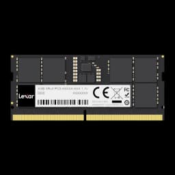 Lexar DDR5 5600 16GB SO-DIMM, vista frontal: PCB preto com etiqueta branca, chips e conector dourado de 262 pinos