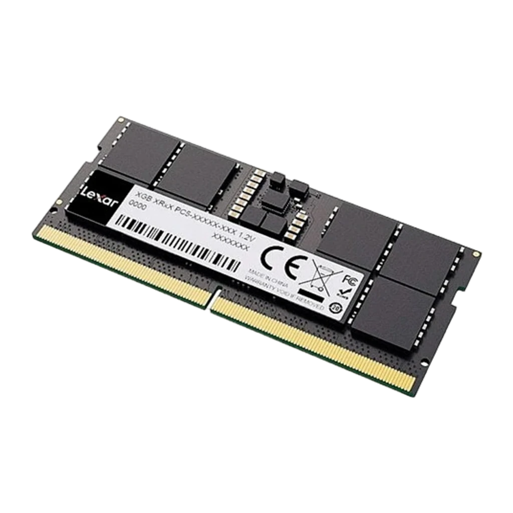Lexar DDR5 5600 16GB SO-DIMM, vista frontal: PCB preto com etiqueta branca, chips e conector dourado de 262 pinos - Item1