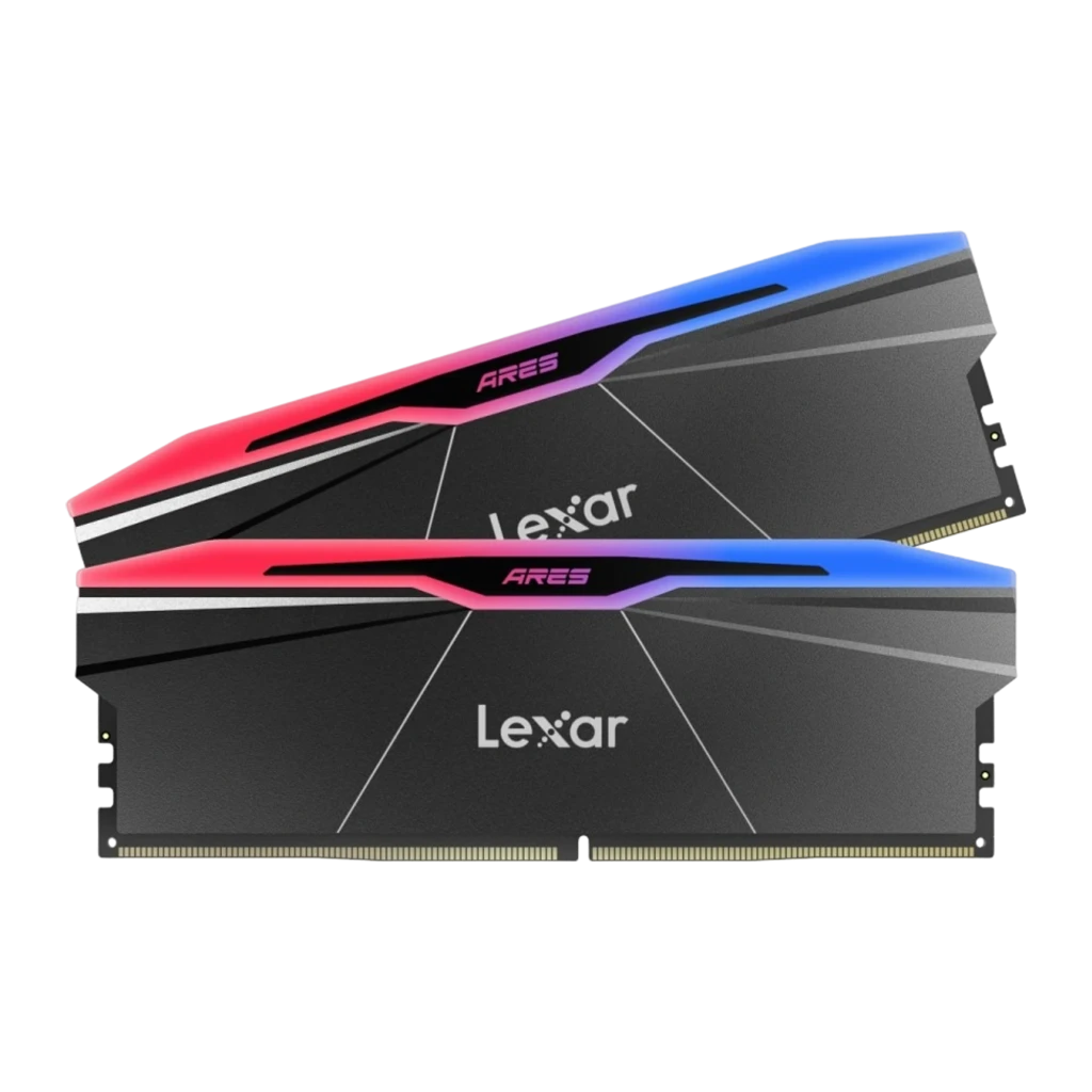 Lexar Ares 2.0 DDR5 6000 32GB preto, vista frontal em ângulo: dissipador preto com iluminação RGB vermelha e azul no topo - Item1