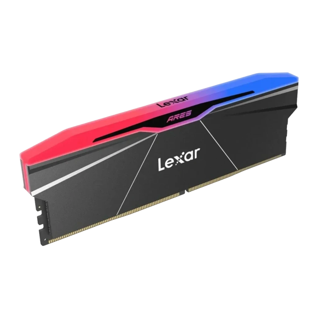 Lexar Ares 2.0 DDR5 6000 32GB preto, vista frontal em ângulo: dissipador preto com iluminação RGB vermelha e azul no topo - Item2