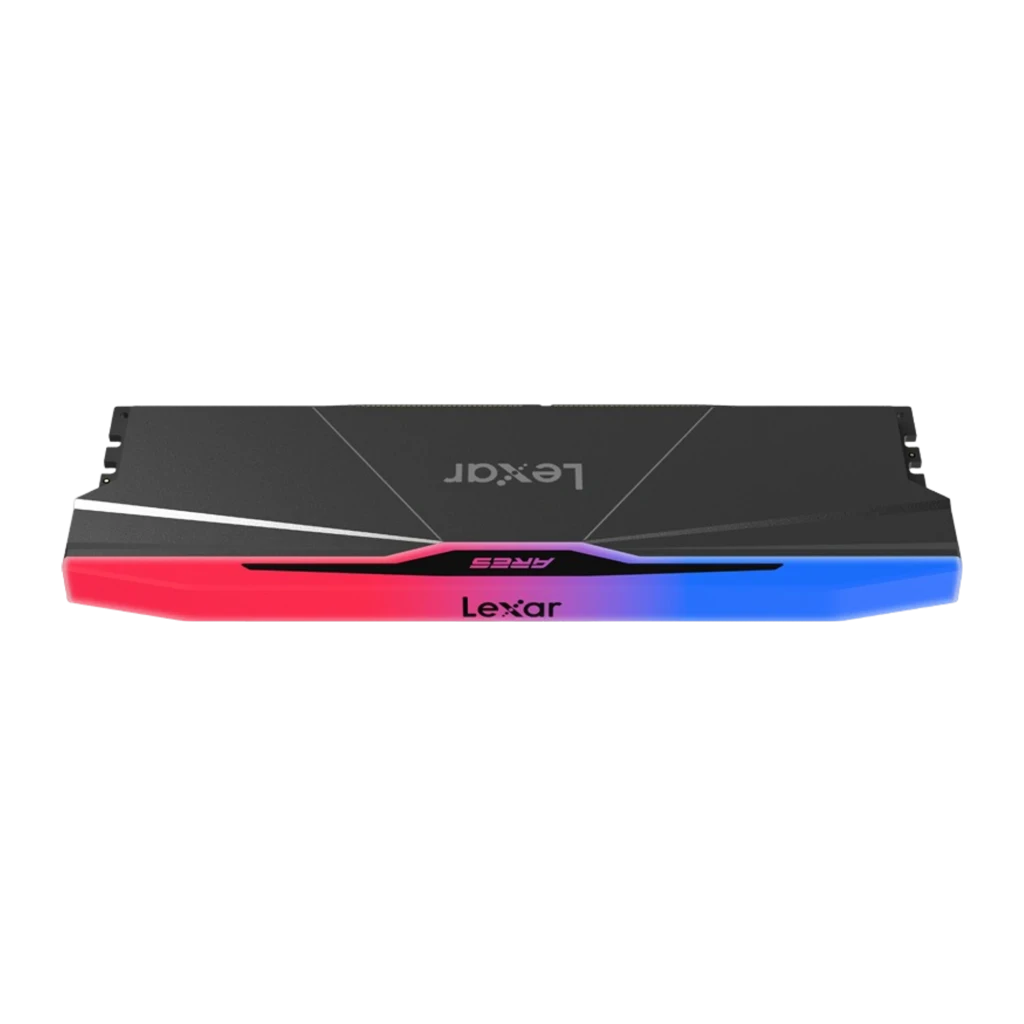 Lexar Ares 2.0 DDR5 6000 32GB preto, vista frontal em ângulo: dissipador preto com iluminação RGB vermelha e azul no topo - Item3