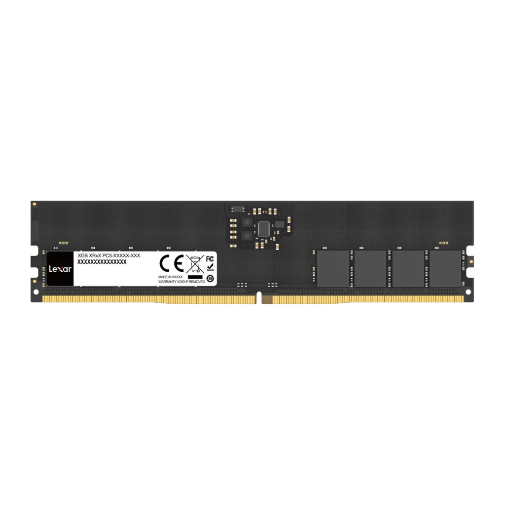 Lexar DDR5 16GB 5600MHz U-DIMM negro, vista frontal: chips de memoria Lexar y conector dorado de 288 pines - Ítem1