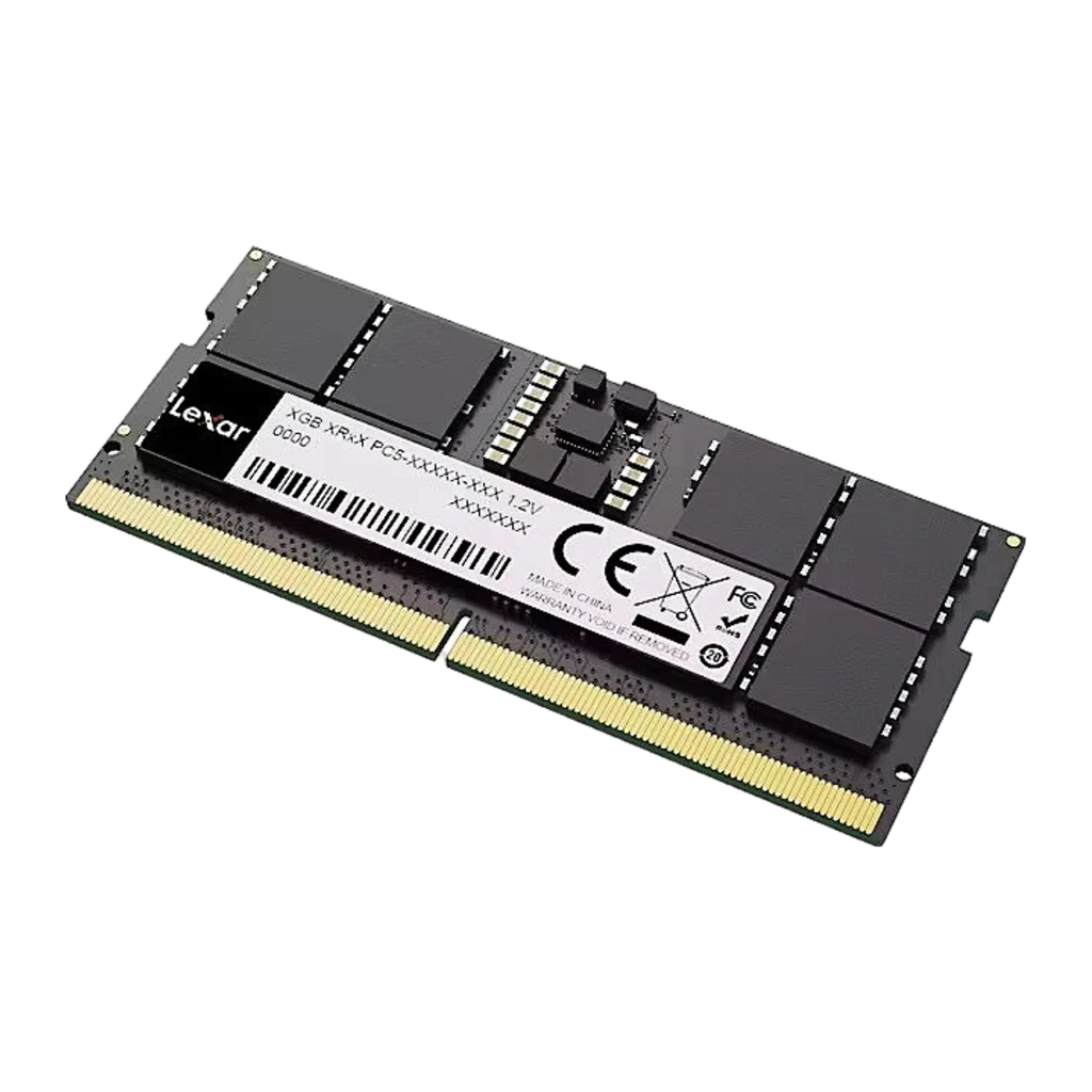 Lexar DDR5 4800MHz 16GB SO-DIMM preto, vista frontal: módulo RAM com etiqueta Lexar, chips pretos e contactos dourados - Item1