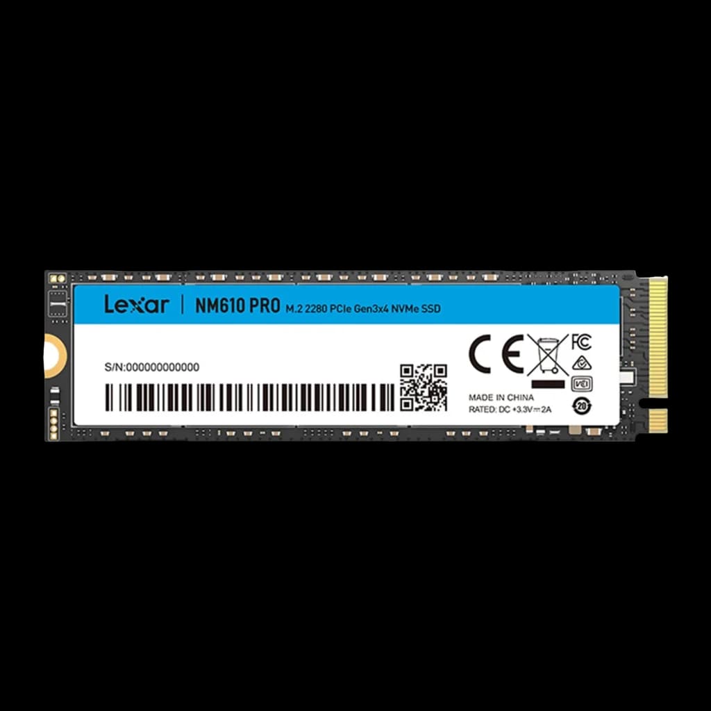 Lexar NM610Pro 500GB, vista frontal: etiqueta azul com logo, conector M.2 dourado e chips visíveis