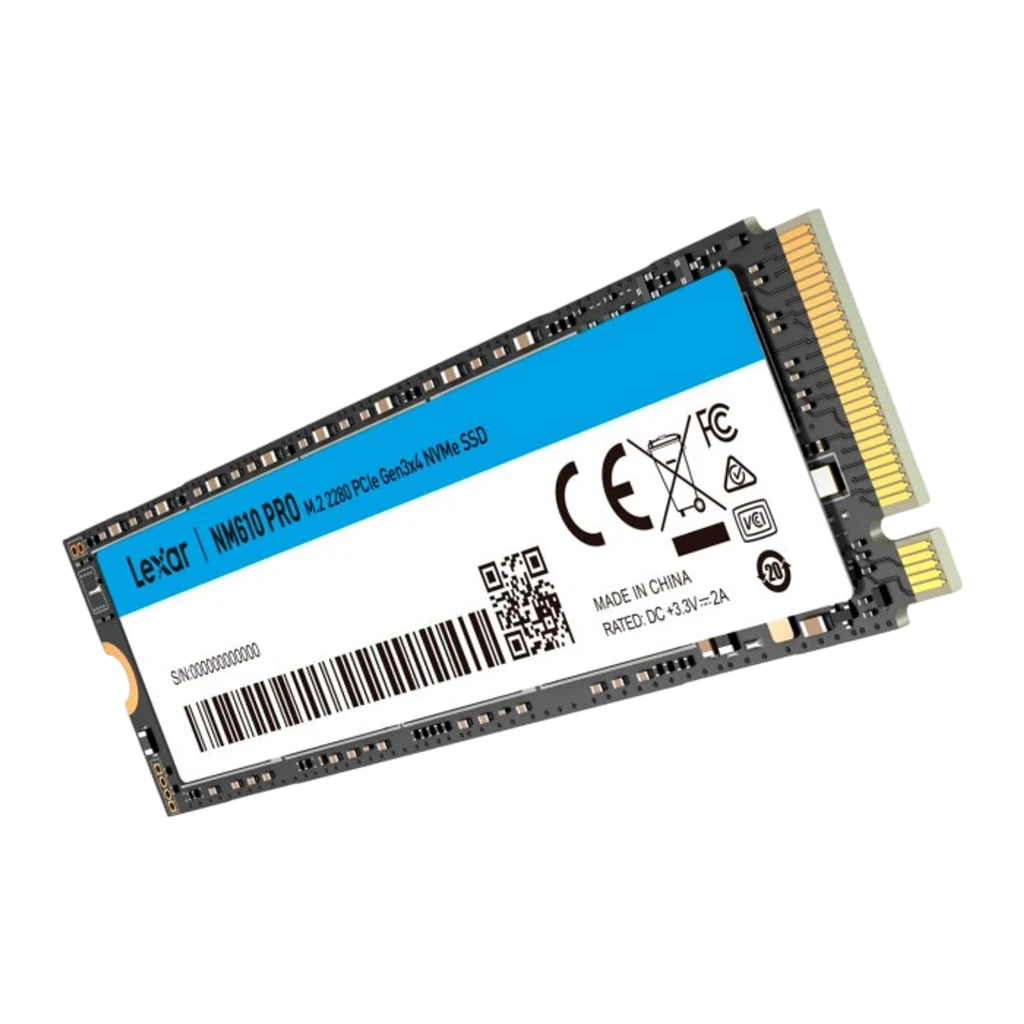 Lexar NM610Pro 500GB, vista frontal: etiqueta azul com logo, conector M.2 dourado e chips visíveis - Item1