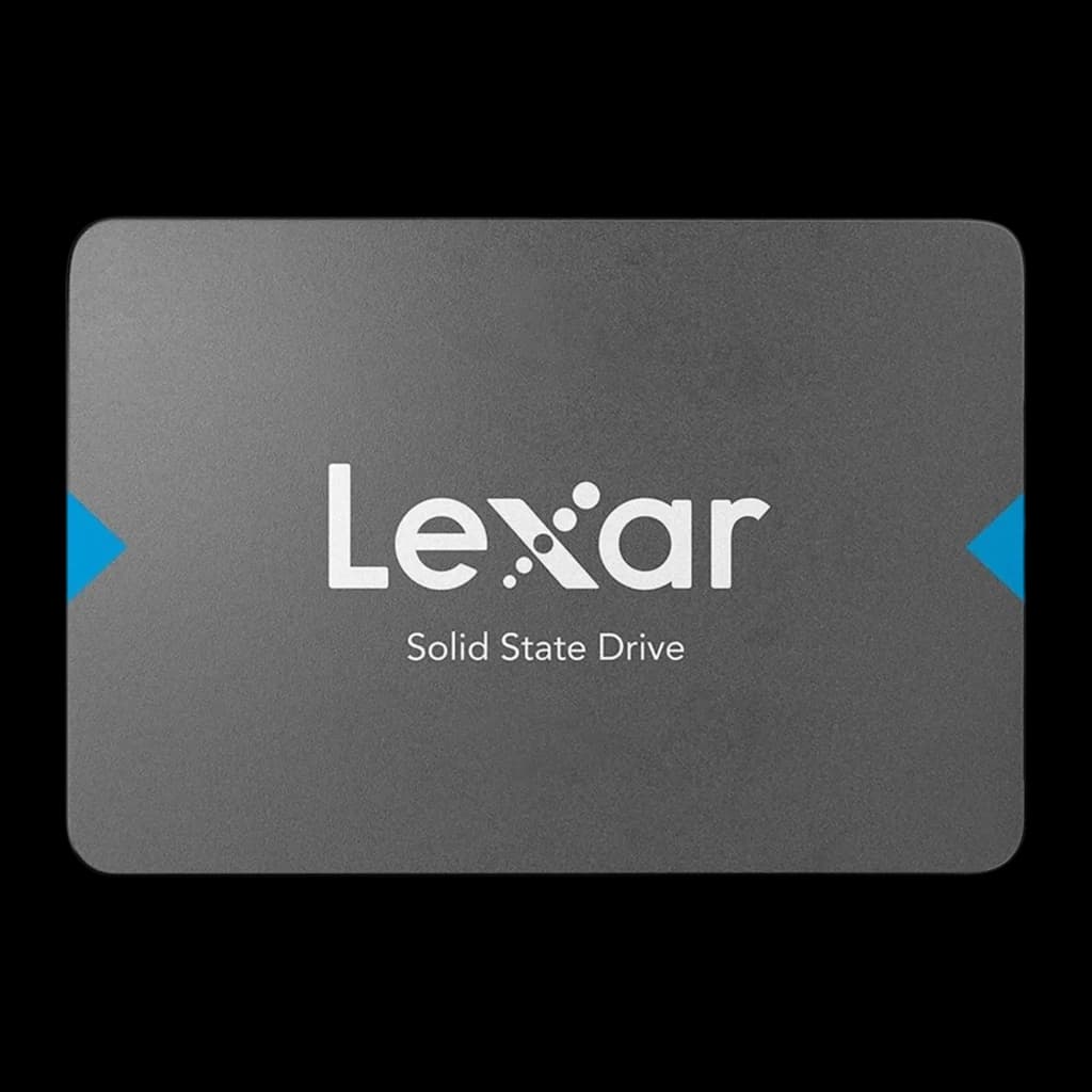 Lexar SSD NQ100 1TB gris, vue de face: boîtier gris avec logo Lexar et accents bleus sur les côtés