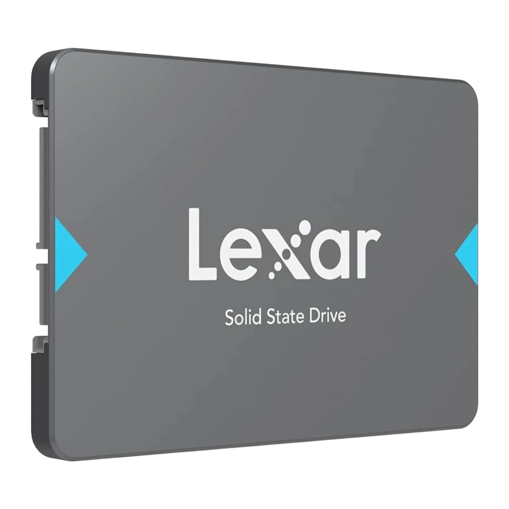 Lexar SSD NQ100 2TB cinza, vista frontal: carcaça cinza com logótipo Lexar e detalhes azuis nas laterais - Item1