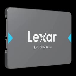 Lexar SSD NQ100 2TB gris, vue en angle: profil latéral avec encoches de montage et épaisseur du châssis visibles