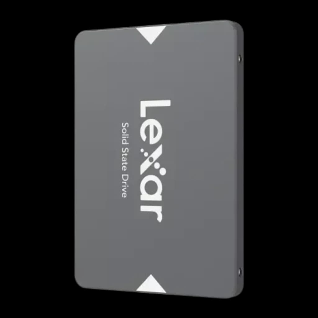 Lexar NS100 1TB cinza, vista lateral vertical: borda direita com parafusos e espessura do chassi 2,5