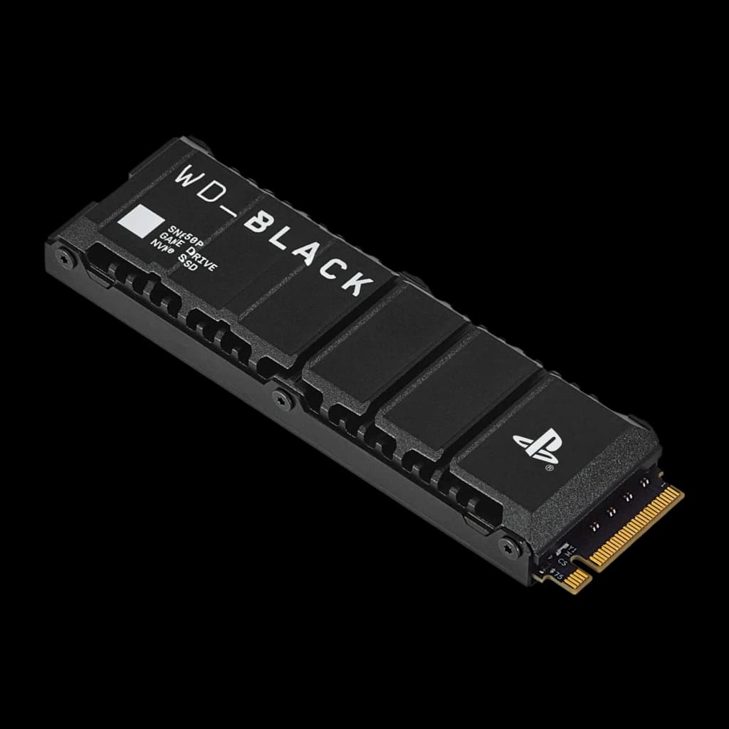 WD Black SN850P NVMe SSD 1TB preto, vista frontal em ângulo: dissipador integrado com ranhuras, logo WD Black e símbolo