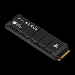 WD Black SN850P NVMe SSD 1TB preto, vista frontal em ângulo: dissipador integrado com ranhuras, logo WD Black e símbolo