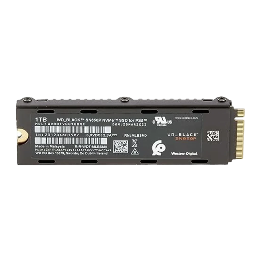 WD Black SN850P NVMe SSD 1TB preto, vista frontal em ângulo: dissipador integrado com ranhuras, logo WD Black e símbolo - Item1