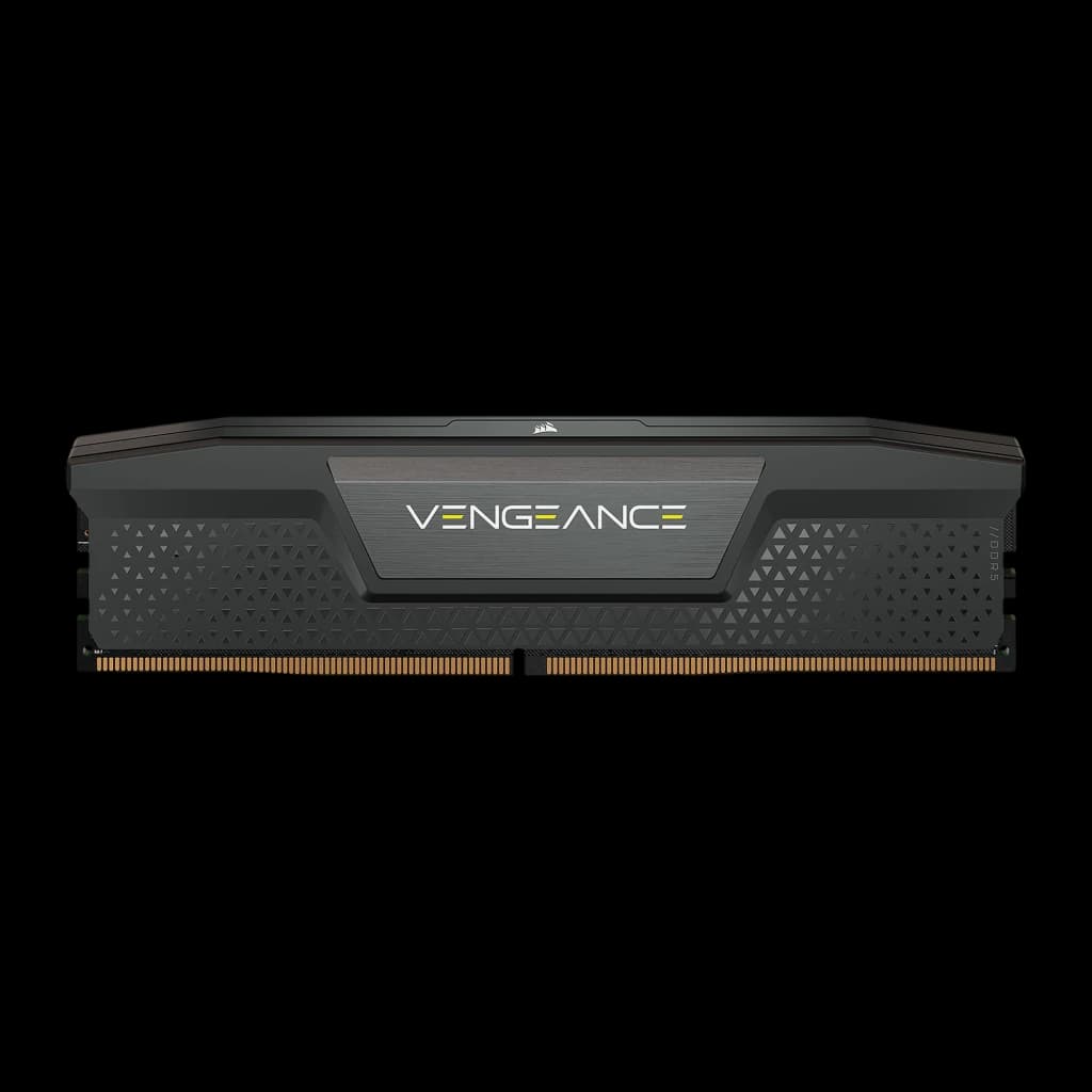 Corsair Vengeance DDR5 32GB PC6000 negro, vista frontal: un módulo con disipador texturizado y logo Vengeance amarillo