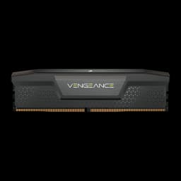 Corsair Vengeance DDR5 32GB PC6000 negro, vista frontal: un módulo con disipador texturizado y logo Vengeance amarillo