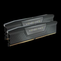 Corsair Vengeance DDR5 32GB PC6000 negro, vista en perspectiva: kit 2x16GB apilado mostrando disipadores y conectores dorados
