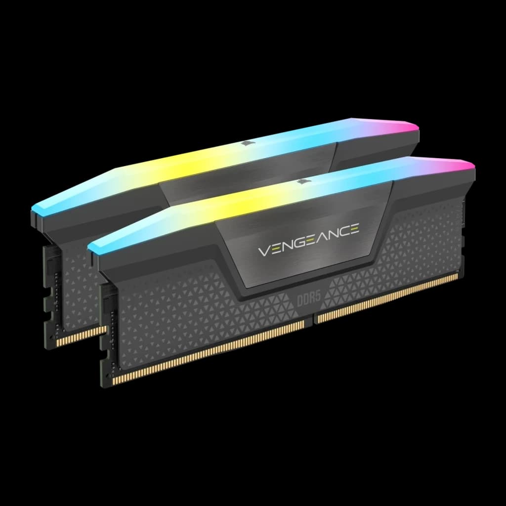 Corsair Vengeance RGB DDR5 64GB PC5600 gris, vista en perspectiva: kit 2x32GB con iluminación RGB en difusor superior
