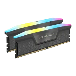 Corsair Vengeance RGB DDR5 64GB PC5600 gris, vista en perspectiva: kit 2x32GB con iluminación RGB en difusor superior