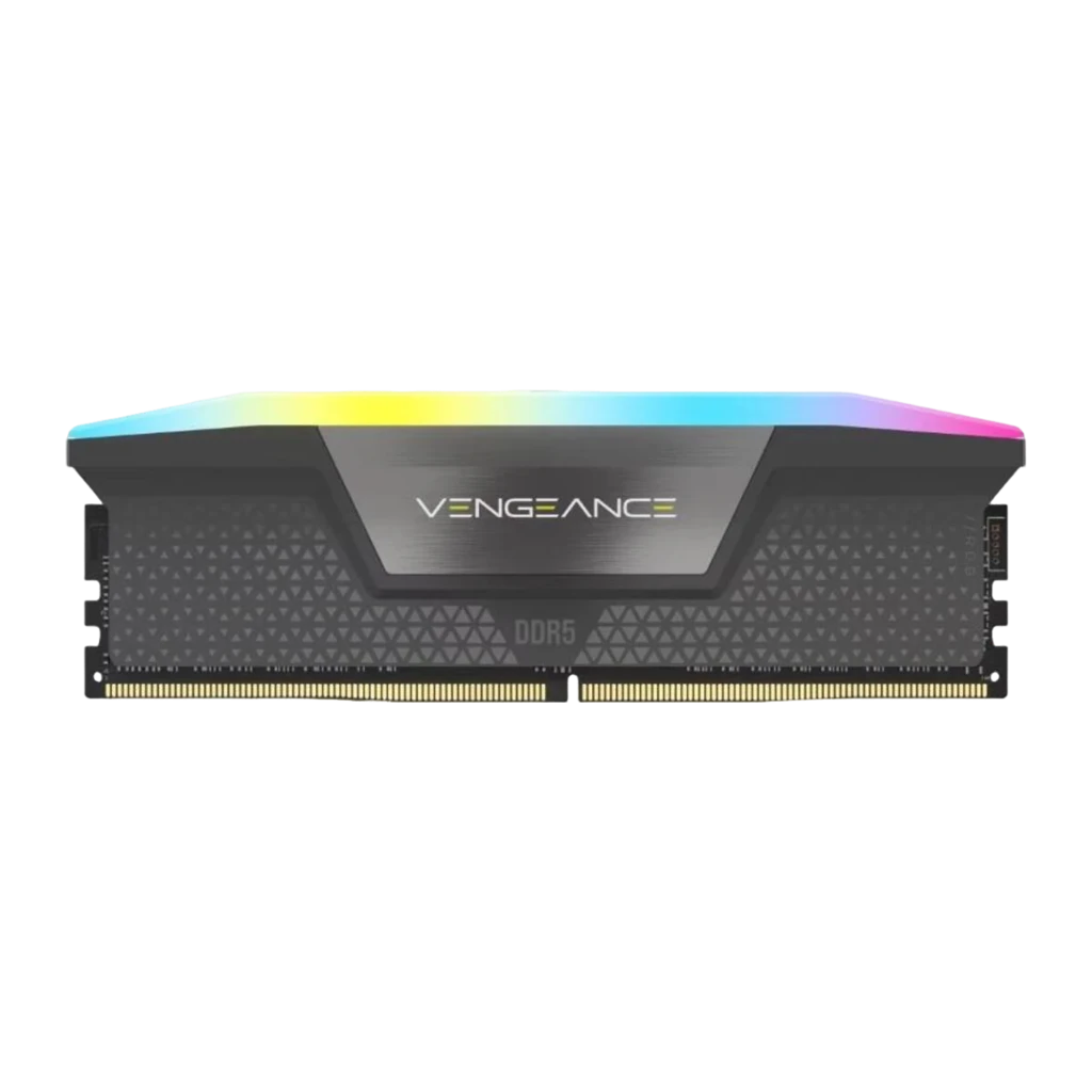 Corsair Vengeance RGB DDR5 64GB PC5600 cinza, vista em perspectiva: kit 2x32GB com iluminação RGB no difusor superior - Item1