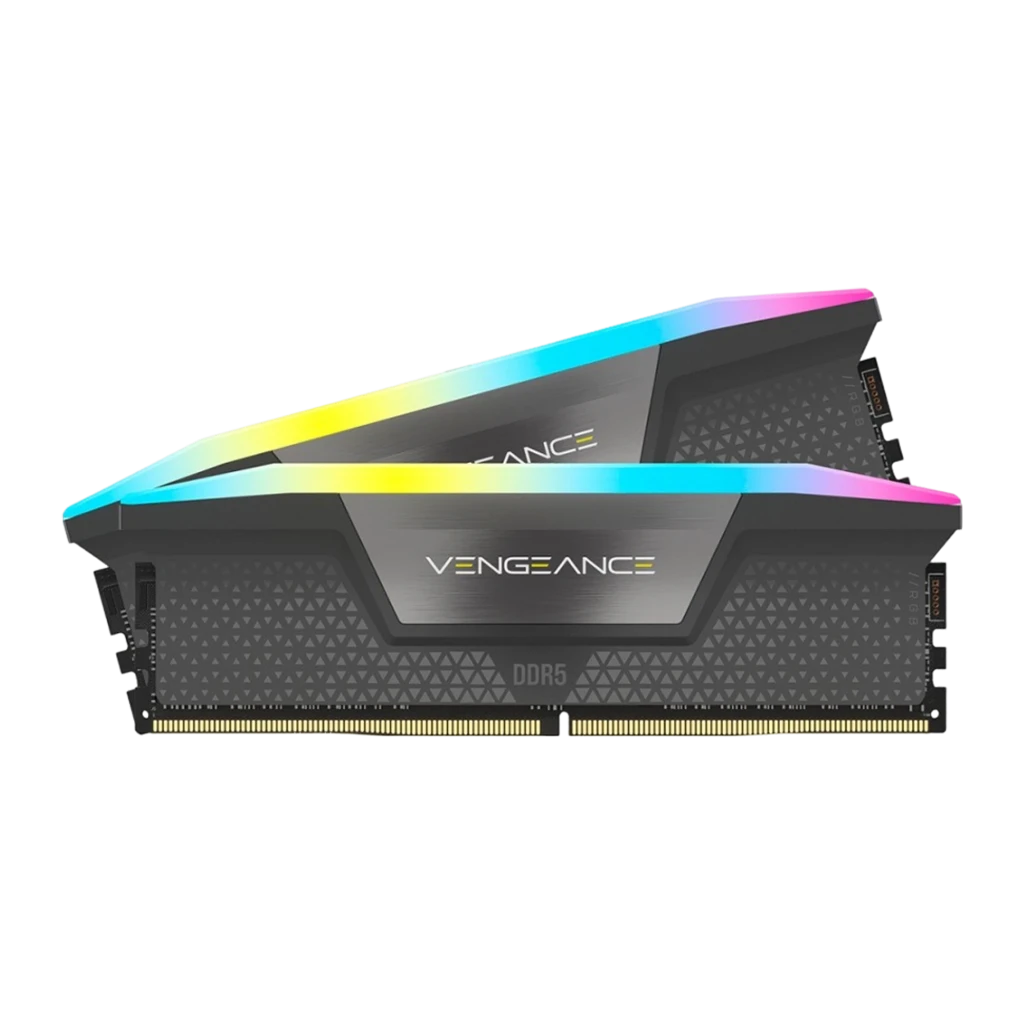 Corsair Vengeance RGB DDR5 64GB PC5600 cinza, vista em perspectiva: kit 2x32GB com iluminação RGB no difusor superior - Item2