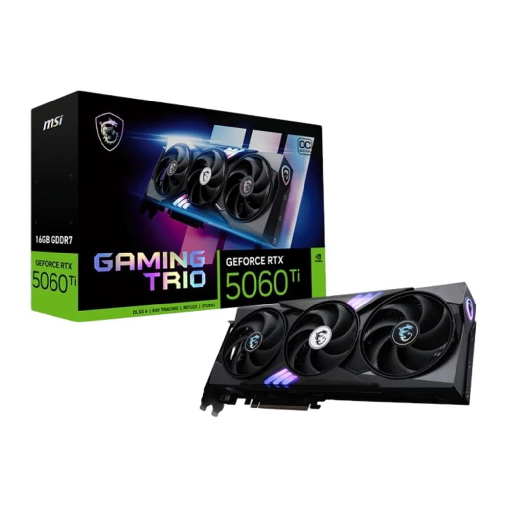 MSI GeForce RTX 5060 Ti GAMING TRIO OC 16G preto, vista frontal: três ventiladores com logos dragão e RGB roxo-azul - Item2