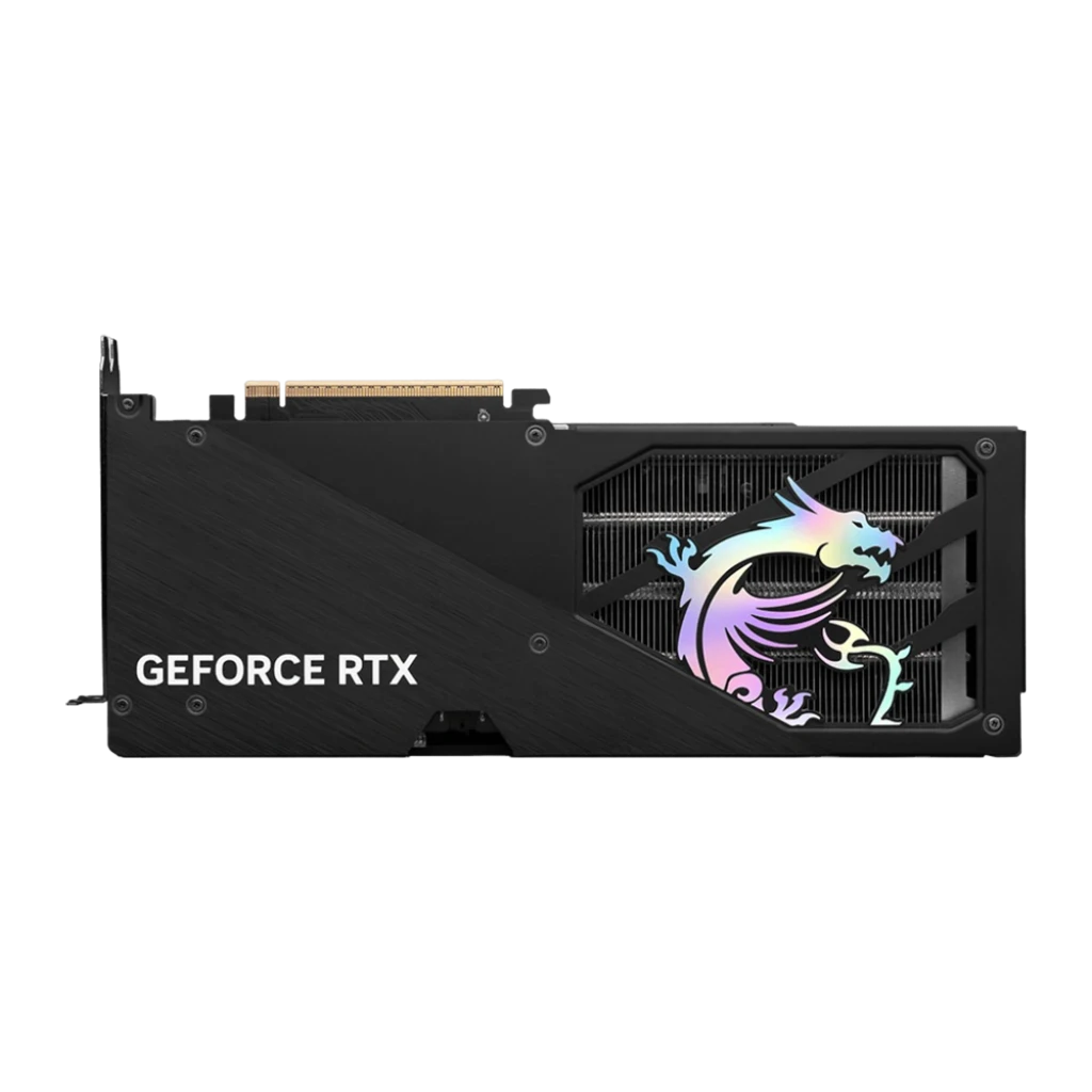 MSI GeForce RTX 5060 Ti GAMING TRIO OC 16G preto, vista frontal: três ventiladores com logos dragão e RGB roxo-azul - Item1