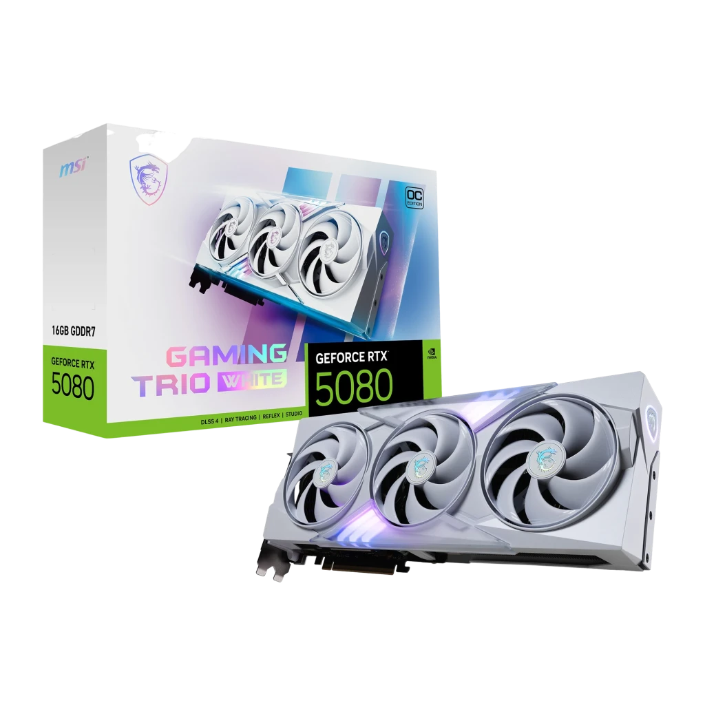 MSI GeForce RTX 5080 Gaming Trio OC branca, vista frontal em ângulo: três ventoinhas com logo dragão e iluminação RGB lateral - Item3