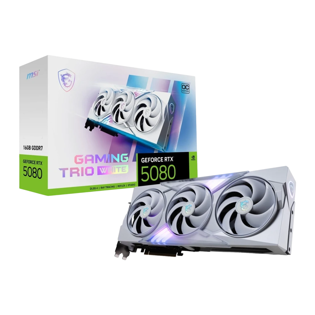 MSI GeForce RTX 5080 Gaming Trio OC branca, vista frontal em ângulo: três ventoinhas com logo dragão e iluminação RGB lateral - Item5