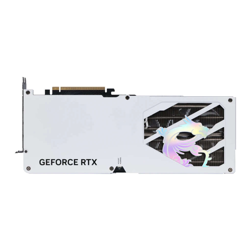 MSI GeForce RTX 5080 Gaming Trio OC branca, vista frontal em ângulo: três ventoinhas com logo dragão e iluminação RGB lateral - Item1