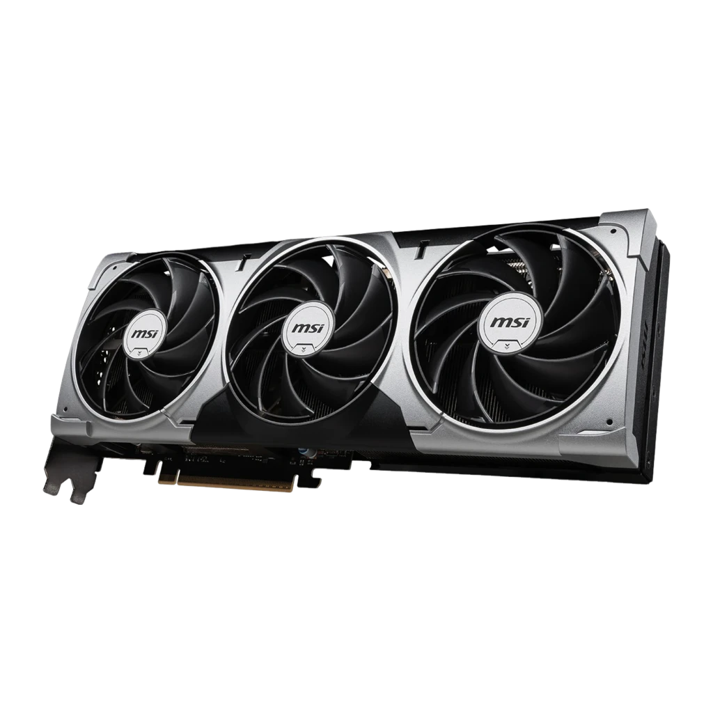 MSI GeForce RTX 5080 VENTUS 3X OC cinza, vista frontal em ângulo: três ventoinhas com logo MSI e conector PCIe dourado - Item2