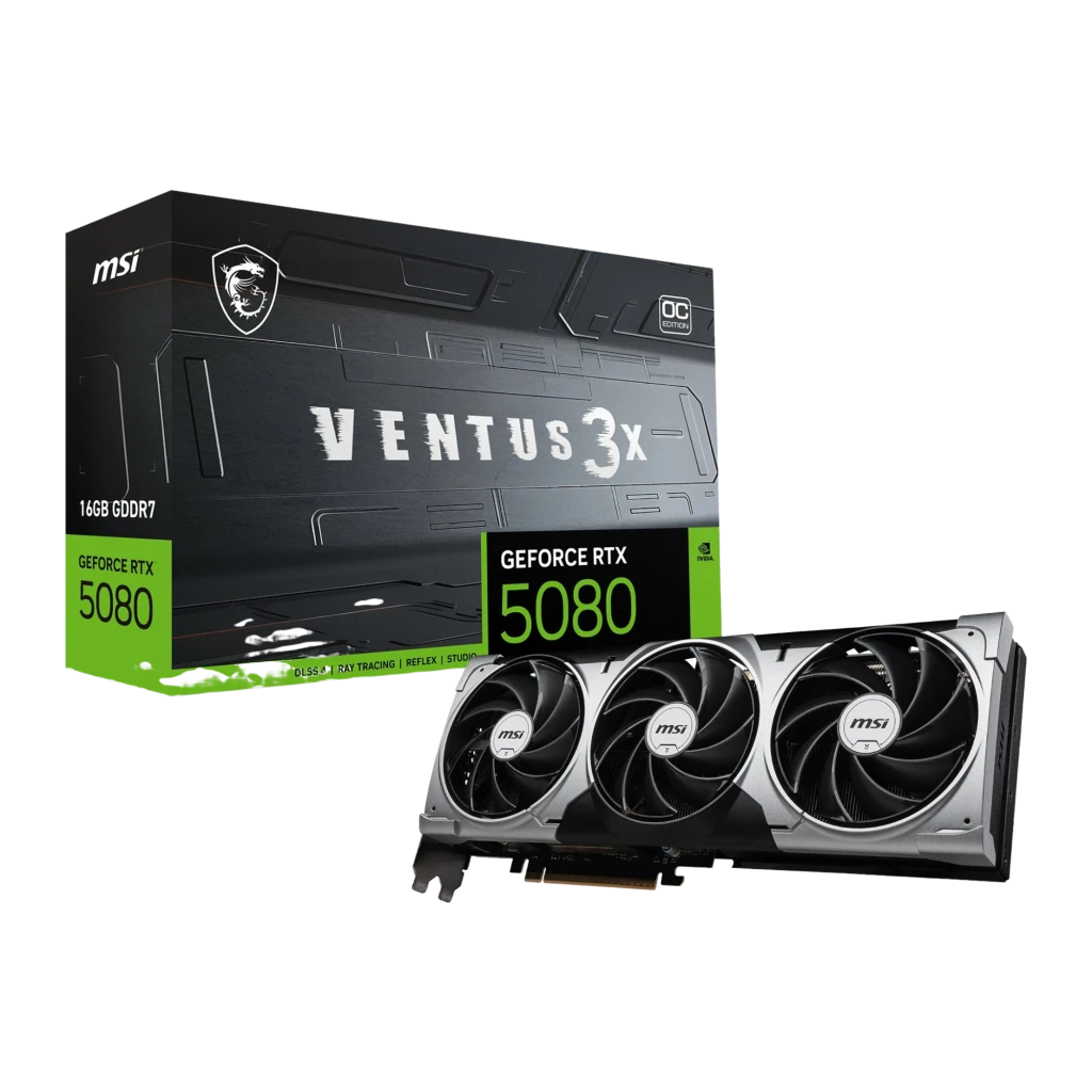 MSI GeForce RTX 5080 VENTUS 3X OC cinza, vista frontal em ângulo: três ventoinhas com logo MSI e conector PCIe dourado - Item3