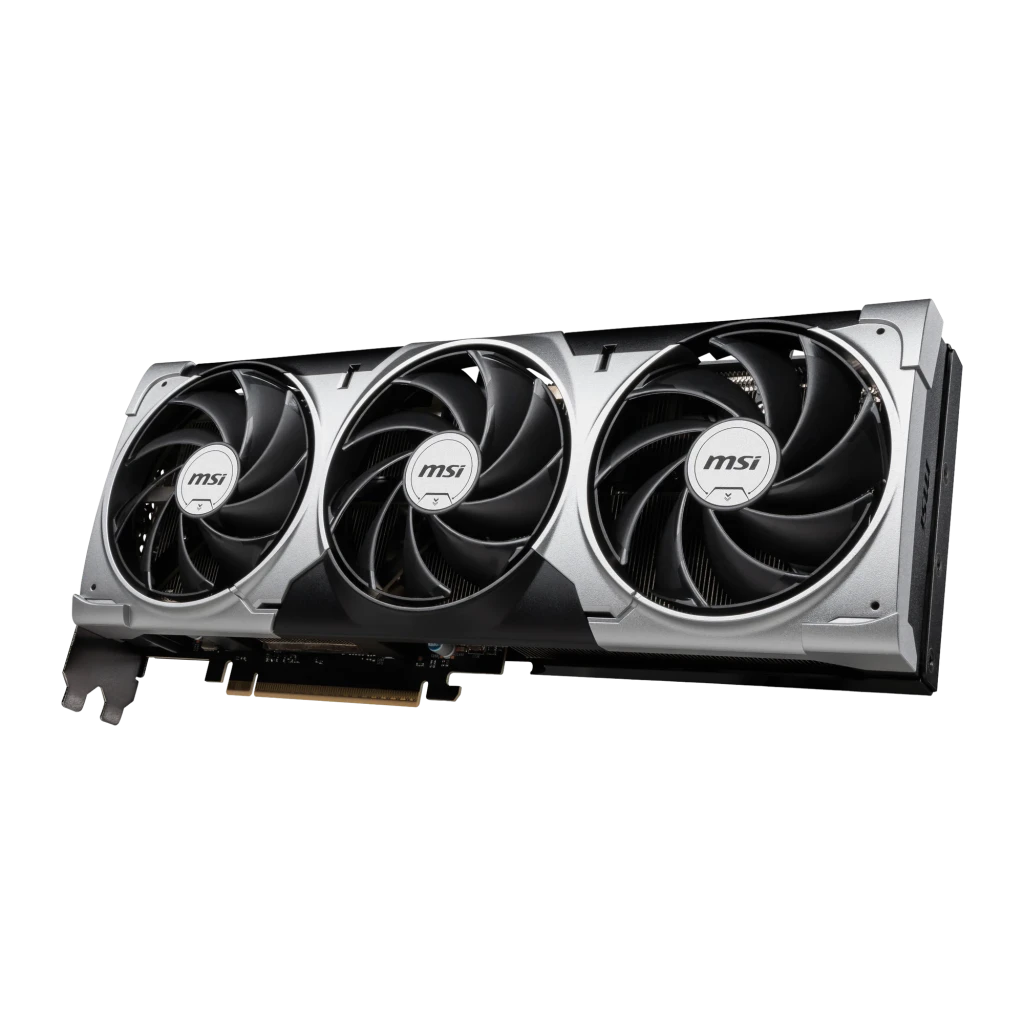 MSI GeForce RTX 5080 VENTUS 3X OC cinza, vista frontal em ângulo: três ventoinhas com logo MSI e conector PCIe dourado - Item1