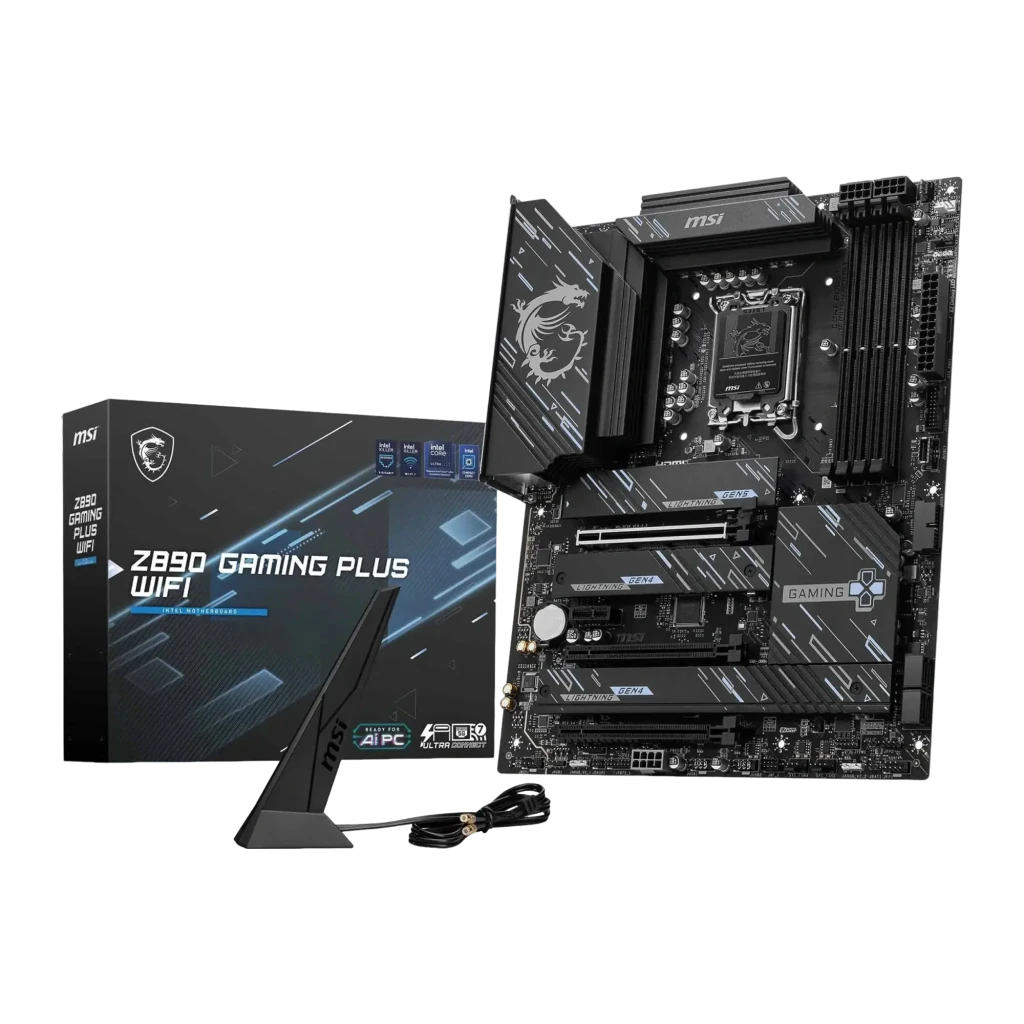 MSI Z890 Gaming Plus WiFi6E noir, vue de face: carte mère ATX avec socket LGA1851, slots DDR5 et PCIe Gen5 - Ítem3