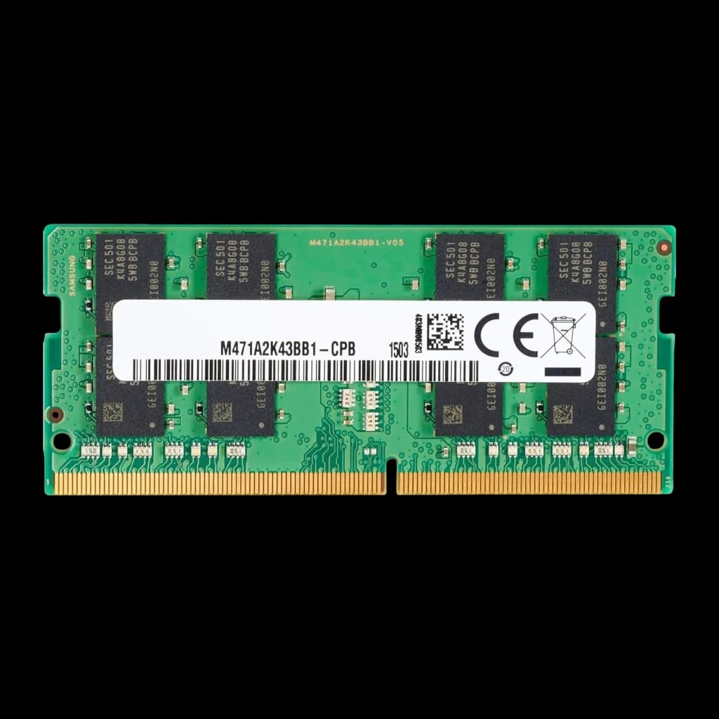 HP Memória RAM SODIMM DDR4 3200 MHz 16 GB, vista frontal: PCB verde com chips Samsung e conector dourado