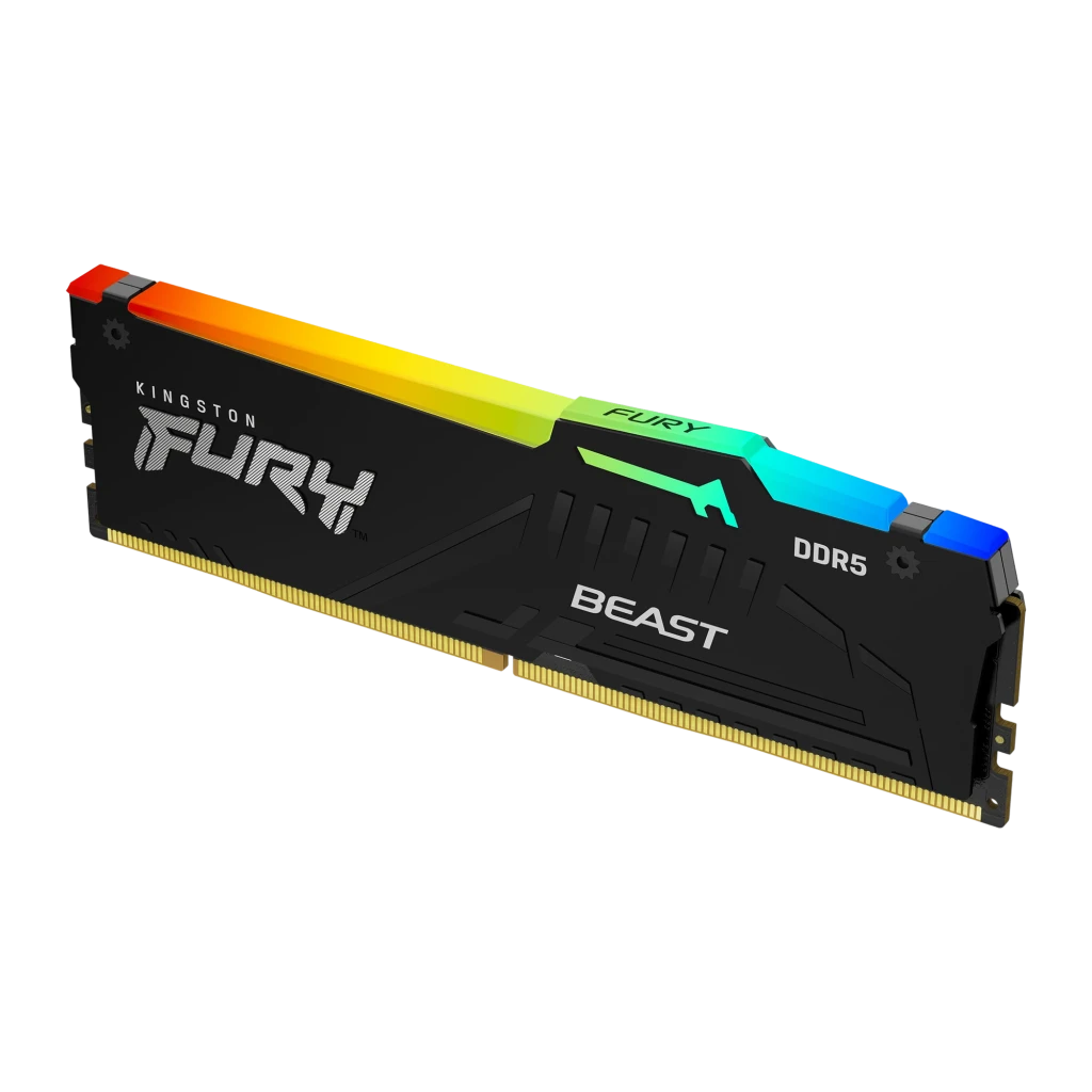 Kingston FURY Beast RGB EXPO 32GB DDR5 preto, vista frontal: dissipador preto com iluminação RGB no topo e conector dourado - Item1