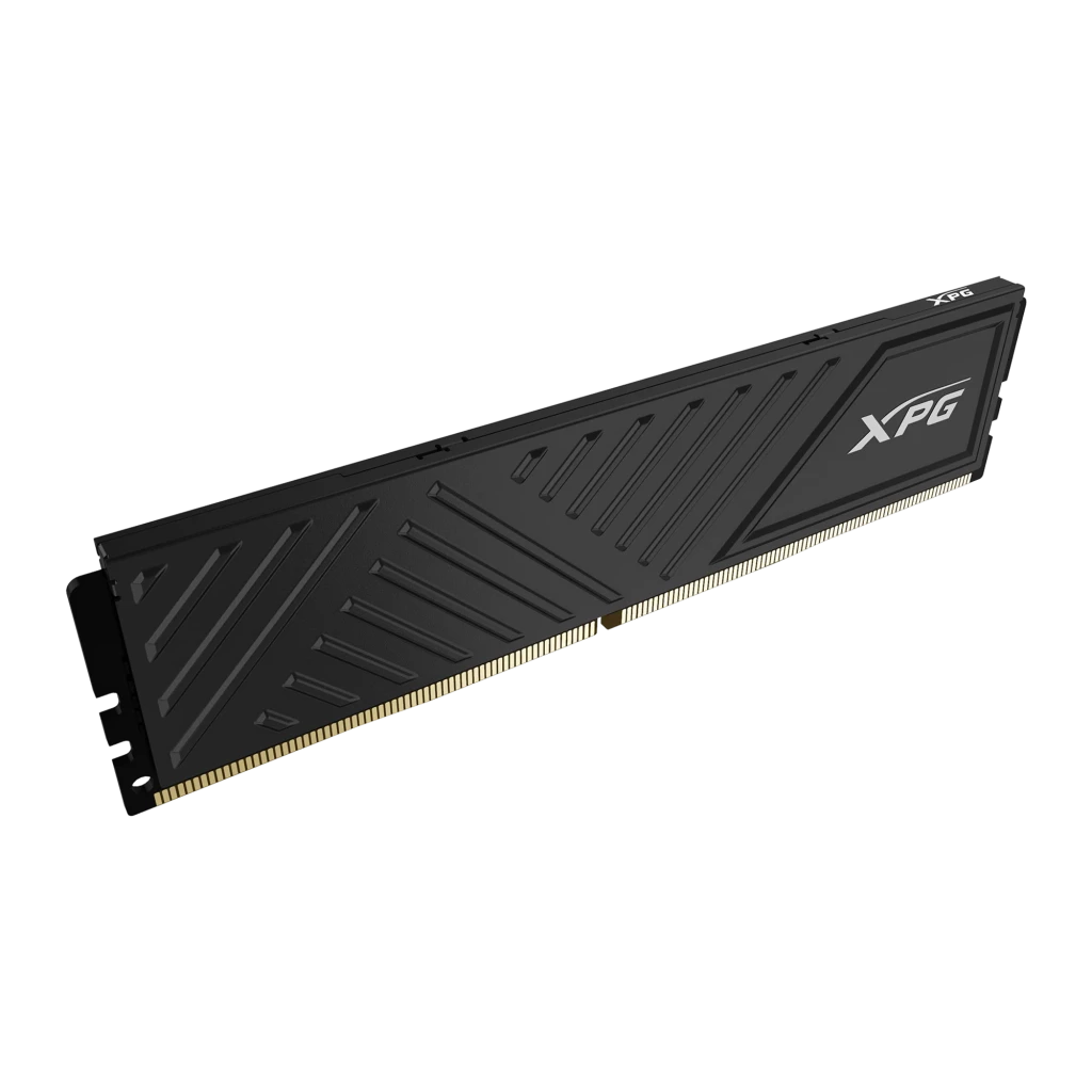 XPG GAMMIX D35 64GB DDR4 3200MHz negro, vista diagonal: disipador negro con relieves en V y conector dorado - Ítem1
