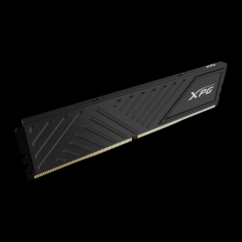 XPG GAMMIX D35 64GB DDR4 3200MHz negro, vista lateral: perfil delgado del disipador con textura diagonal y logo XPG