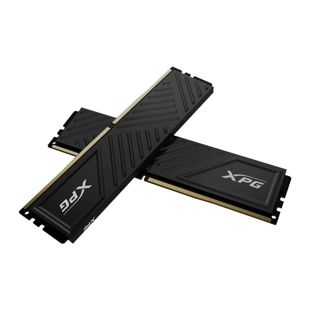XPG GAMMIX D35 64GB DDR4 3200MHz negro, vista diagonal: disipador negro con relieves en V y conector dorado - Ítem2