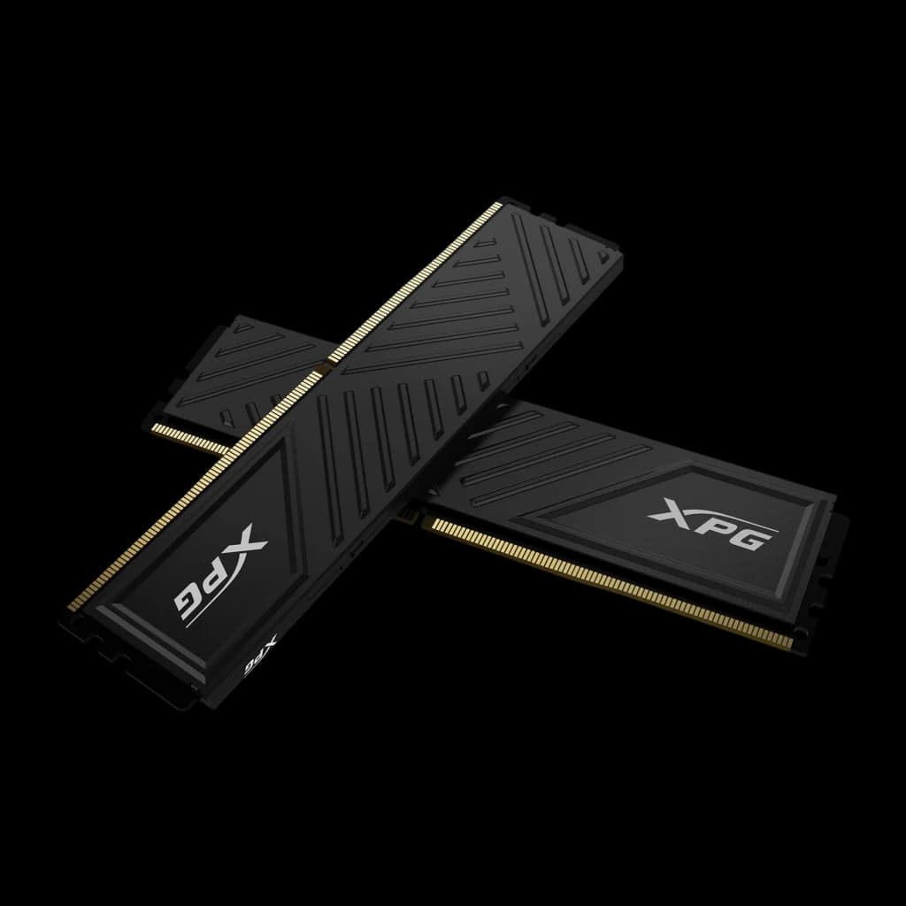 XPG GAMMIX D35 64GB DDR4 3200MHz negro, kit dual: dos módulos cruzados mostrando disipador negro y conectores dorados