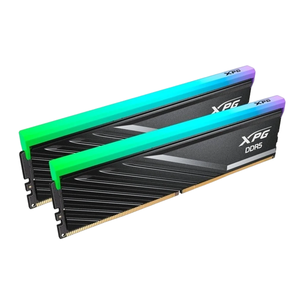 XPG Lancer Blade RGB 32GB DDR5 6000MHz preto, vista em ângulo: módulo único com barra RGB verde no topo e dissipador preto - Item2
