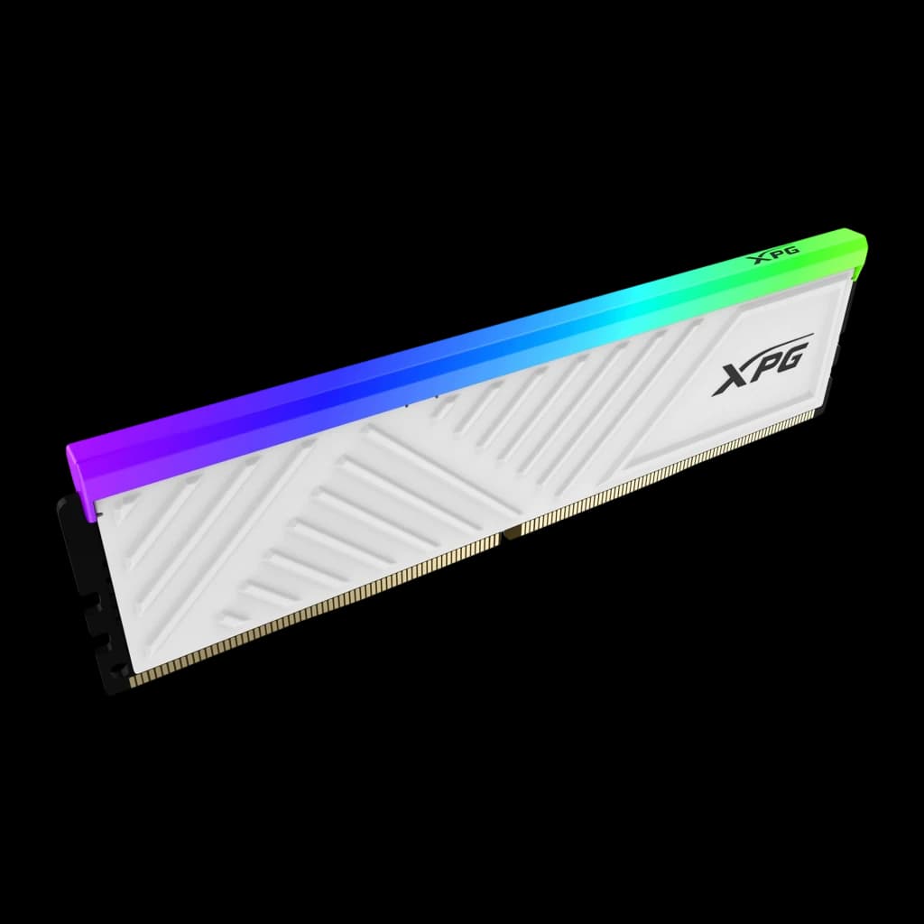 XPG Spectrix D35G 16GB DDR4 3600MHz branca, perspectiva frontal: ângulo que mostra a espessura do módulo e RGB degradê