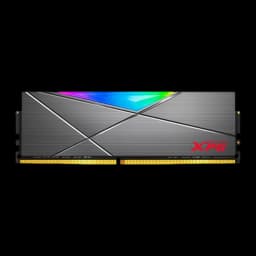 XPG Spectrix D50 RGB 16GB DDR4-3200 cinza, vista frontal: dissipador escovado com iluminação RGB e logo XPG vermelho