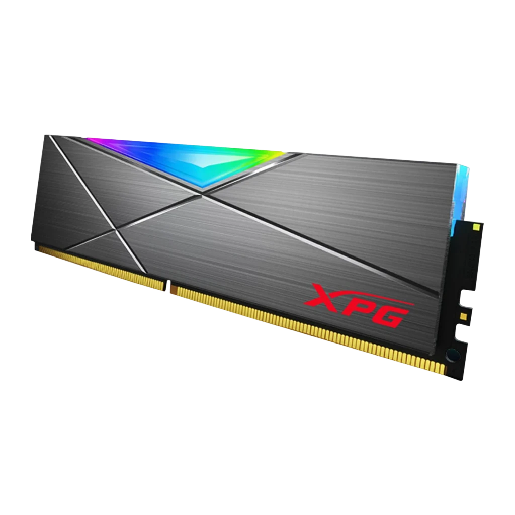XPG Spectrix D50 RGB 16GB DDR4-3200 gris, vue de face: dissipateur brossé avec éclairage RGB et logo XPG rouge - Ítem1
