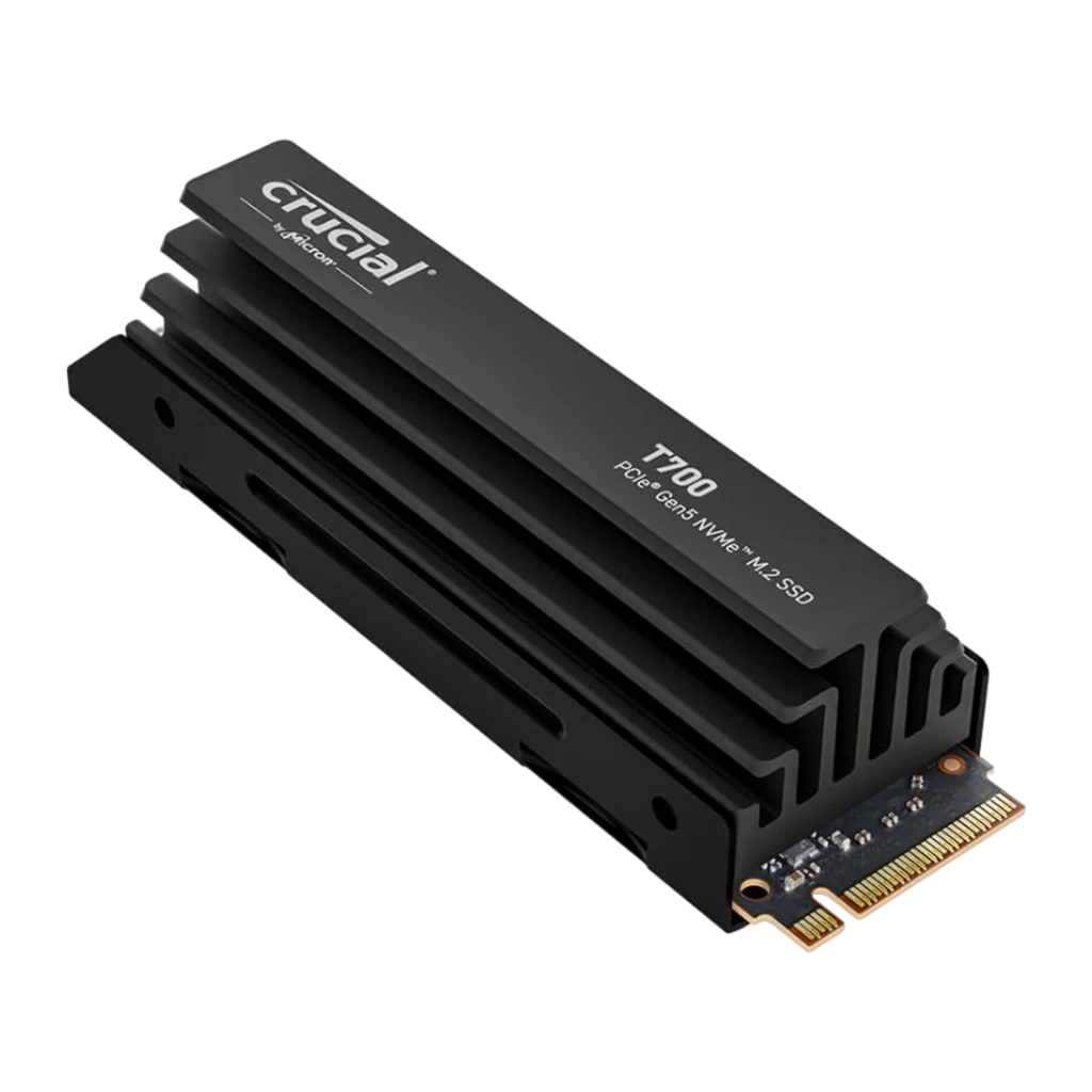 Crucial Micron T700 4TB SSD NVMe PCIe Gen5 M.2 negro, vista frontal: disipador negro con aletas y conector dorado M.2 - Ítem1